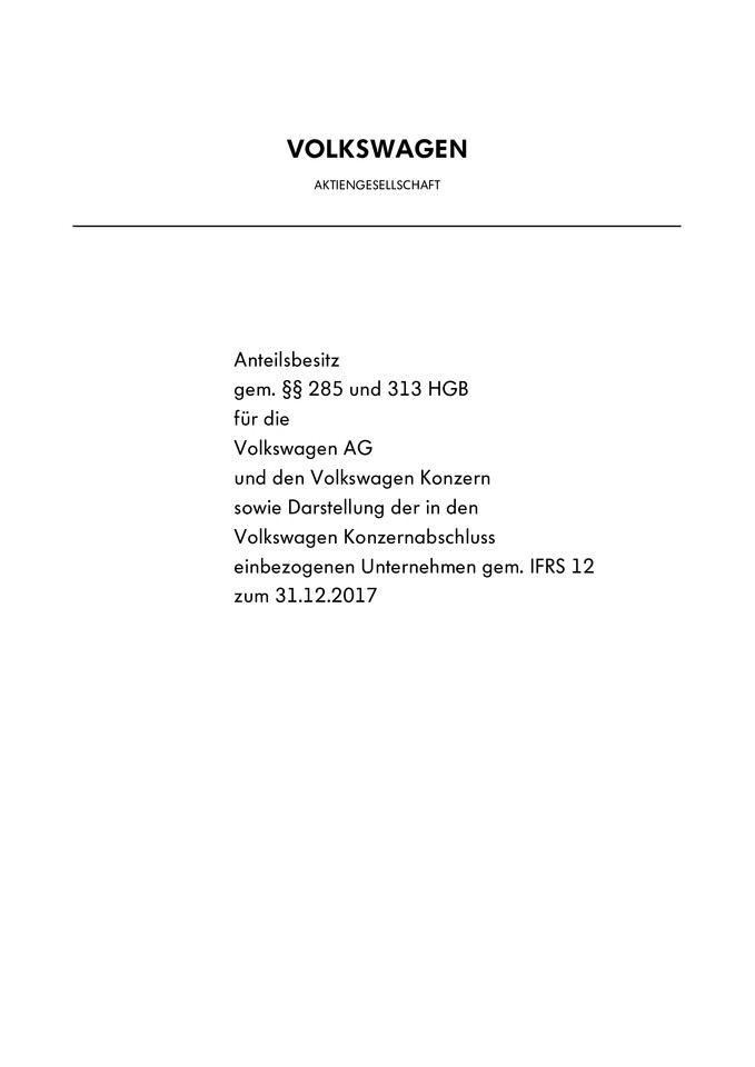 Anteilsbesitz für die Volkswagen AG und den Volkswagen Konzern zum 31.12.2017