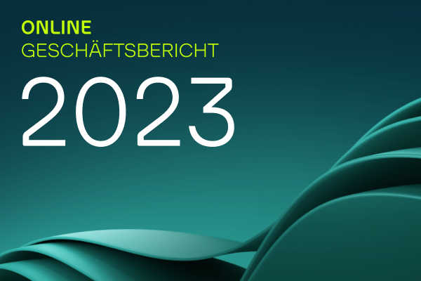 Cover des Online Geschäftsberichts 2023 mit abstraktem grünen Wellendesign.